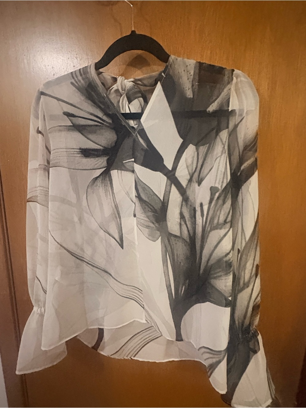 White House Black Market Black and White Sheer Floral Tie-Neck Blouse - Picture 5 of 5